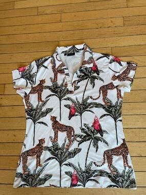 Tropical Leopard Print Polo Top - White with Pink Accents